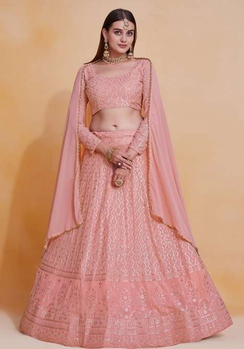 Rosy Brown Blended Lehenga Set with Embroidered for Diwali | Wedding & Festive Wear
