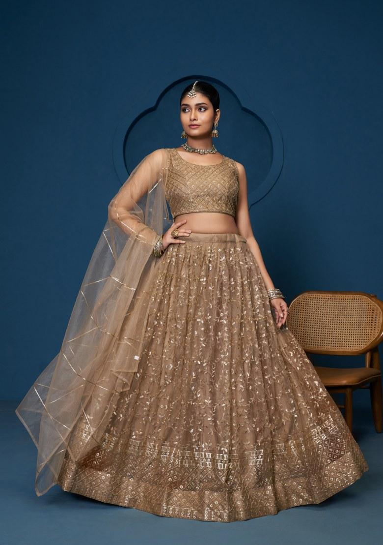 Brown Embroidered Blended Lehenga Set