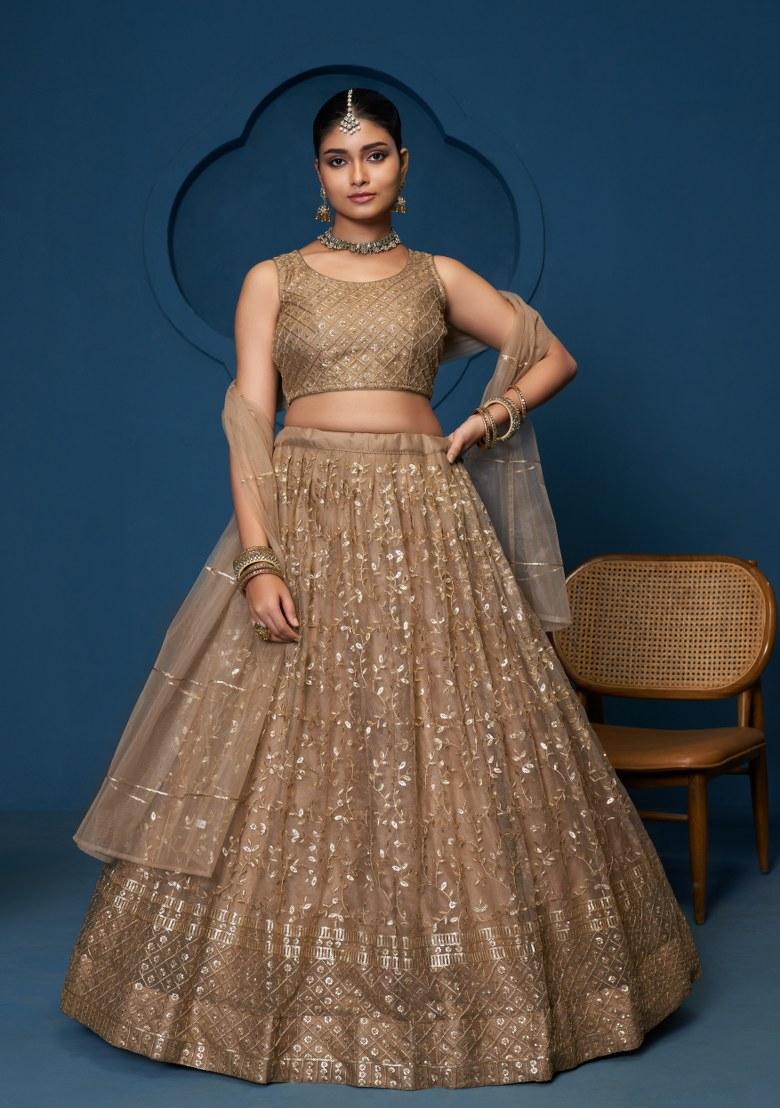 Brown Embroidered Blended Lehenga Set