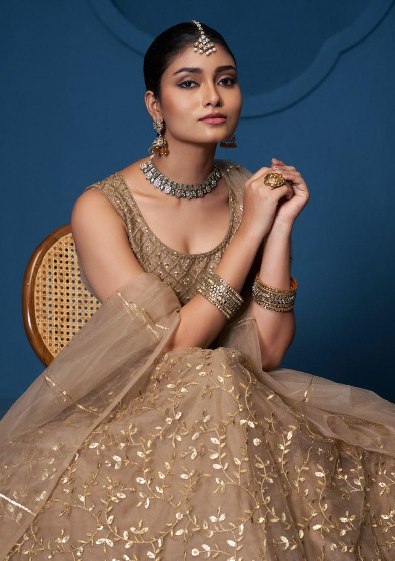 Brown Embroidered Blended Lehenga Set