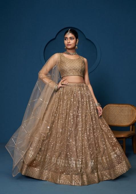 Brown Embroidered Blended Lehenga Set