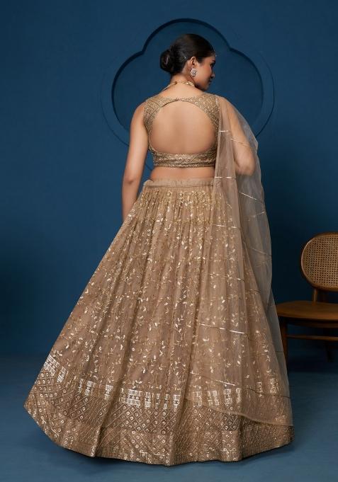 Brown Embroidered Blended Lehenga Set