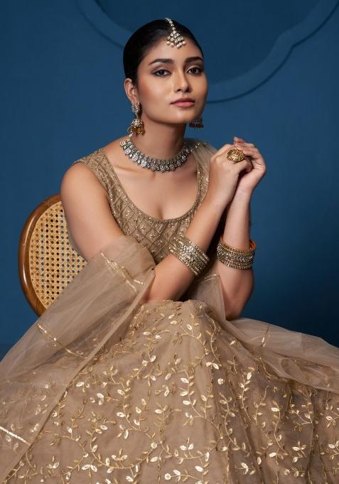 Brown Embroidered Blended Lehenga Set