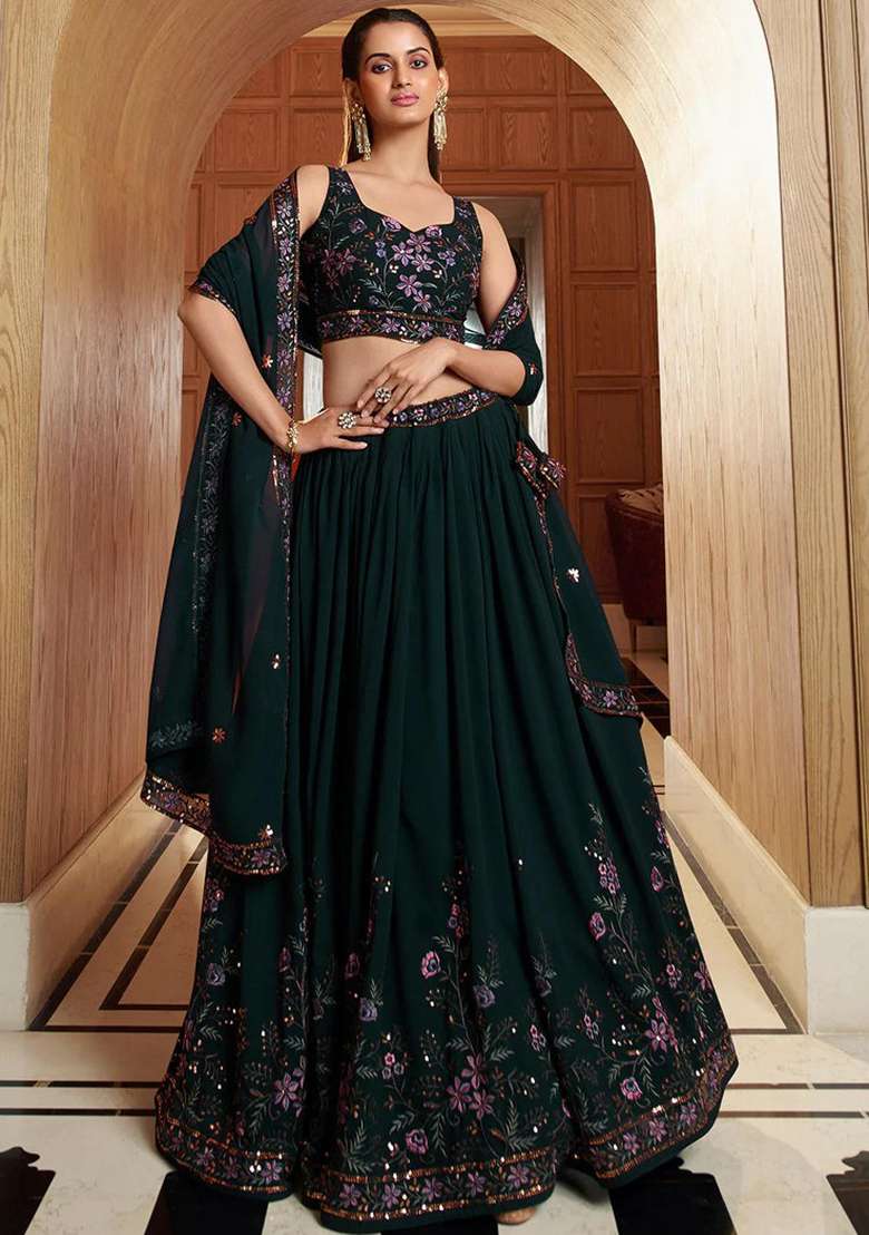 Dark Green Embroidered Blended Lehenga Set for Diwali and Festive Wear - Indya