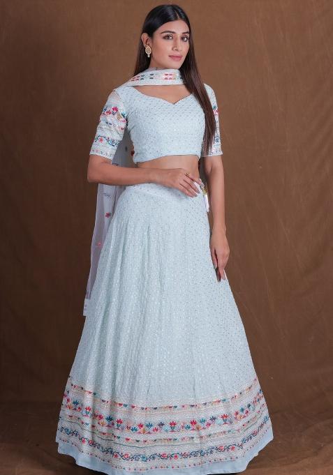 Sky Blue Embroidered Blended Lehenga Set