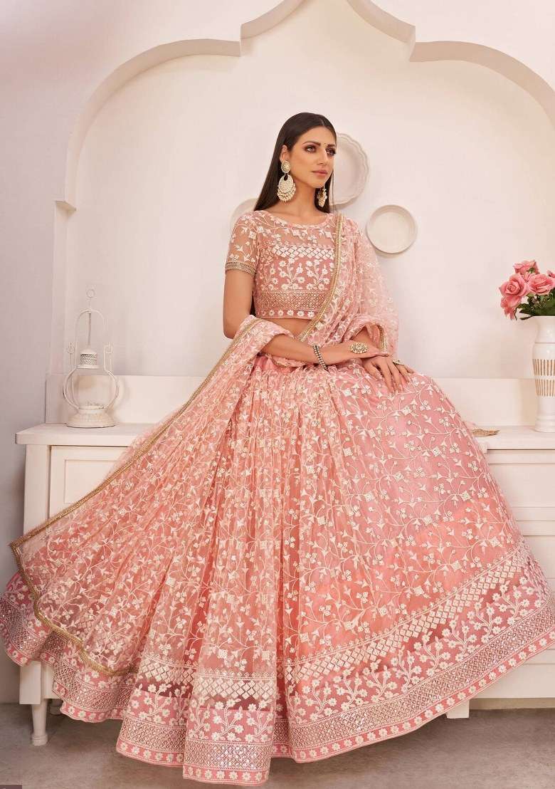 Peach Blended Lehenga Set with Embroidered for Diwali | Wedding & Festive Wear - Indya
