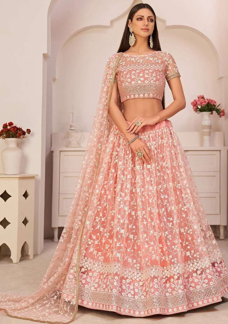 Peach Blended Lehenga Set with Embroidered for Diwali | Wedding & Festive Wear - Indya