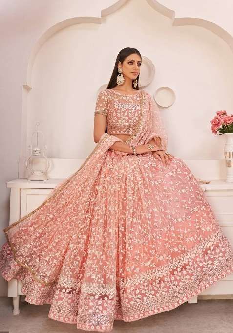 Peach Blended Lehenga Set with Embroidered for Diwali | Wedding & Festive Wear