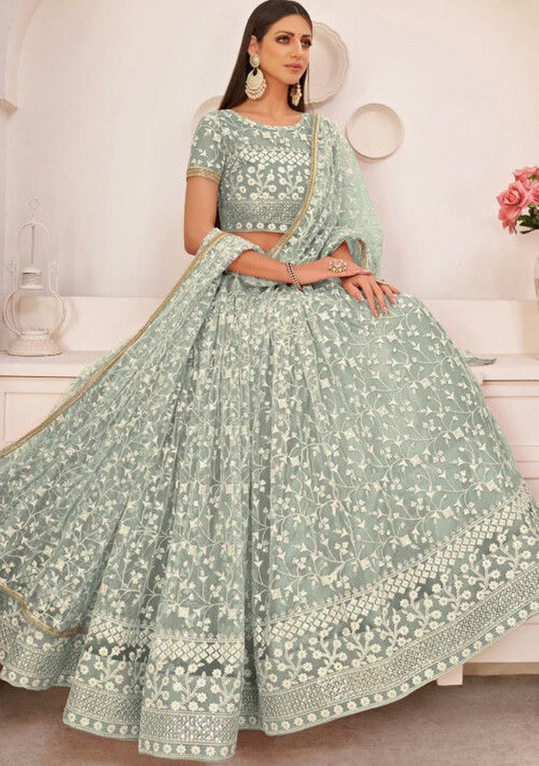 Pista Green Embroidered Blended Lehenga Set