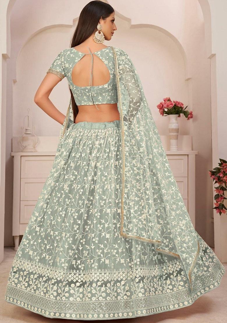 Pista Green Embroidered Blended Lehenga Set