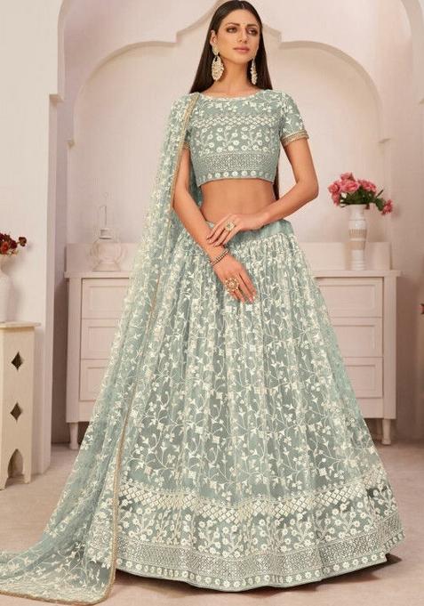 Pista Green Embroidered Blended Lehenga Set