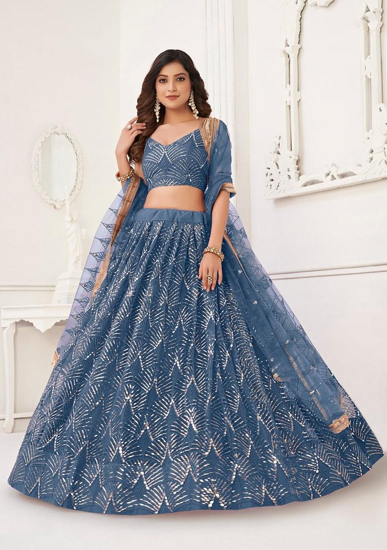 Blue Embroidered Blended Lehenga Set