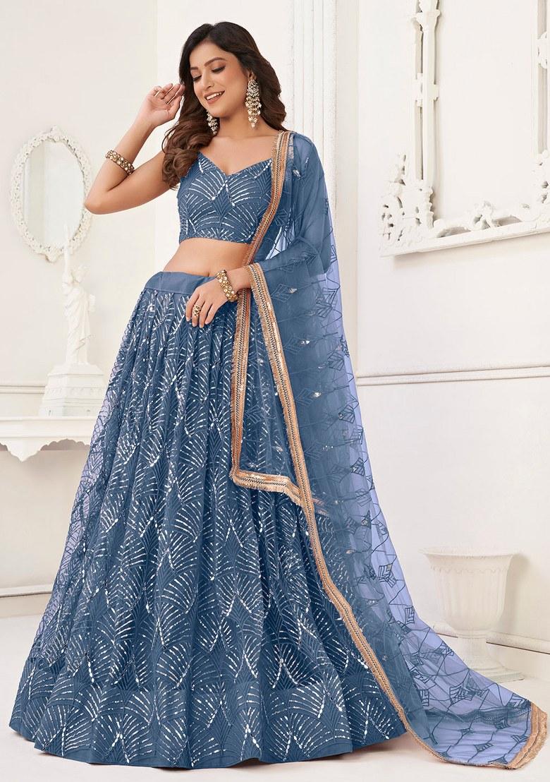 Blue Embroidered Blended Lehenga Set