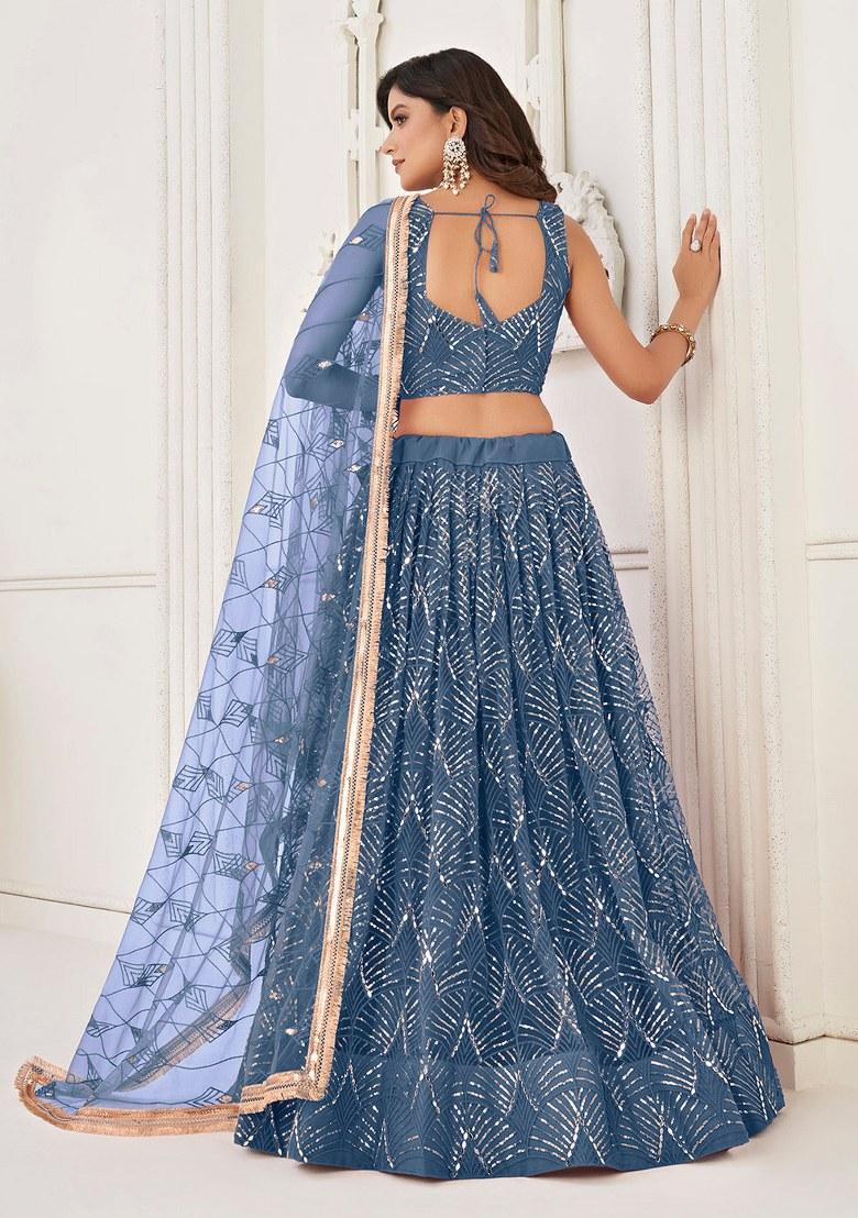 Blue Embroidered Blended Lehenga Set