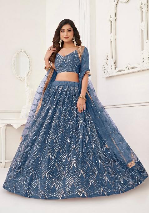Blue Embroidered Blended Lehenga Set