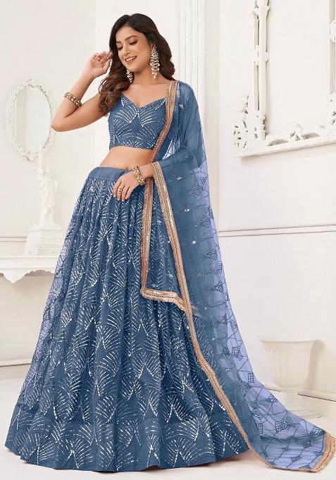 Blue Embroidered Blended Lehenga Set