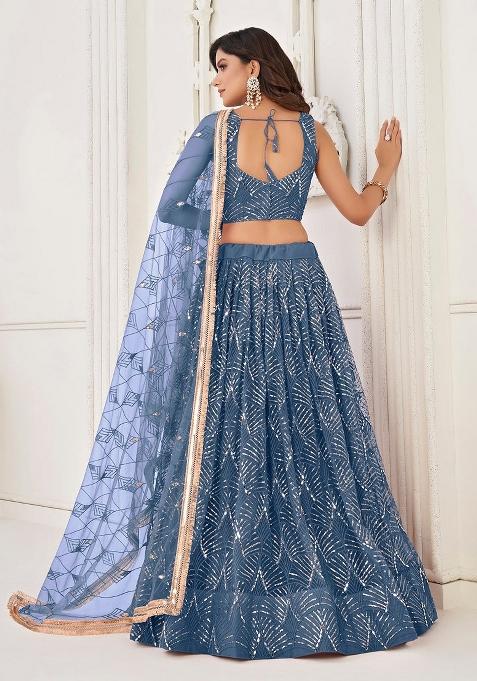Blue Embroidered Blended Lehenga Set