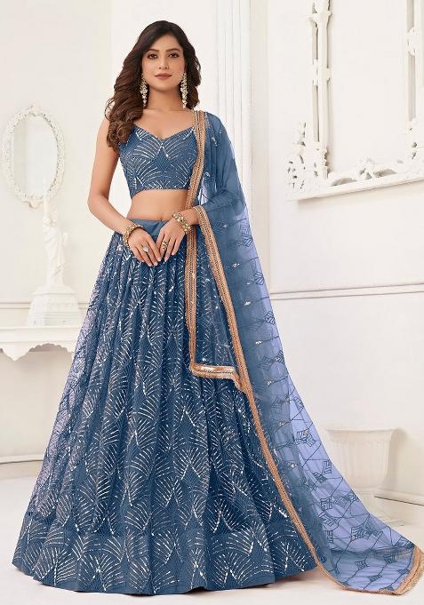 Blue Embroidered Blended Lehenga Set