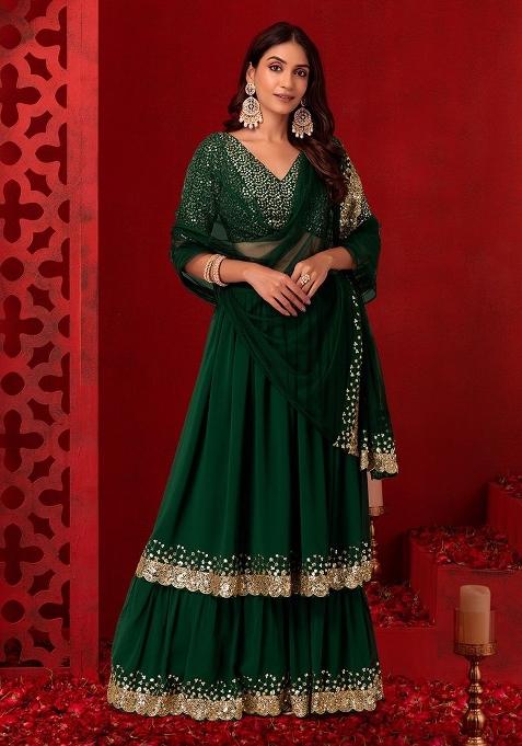Green Embroidered Blended Lehenga Set