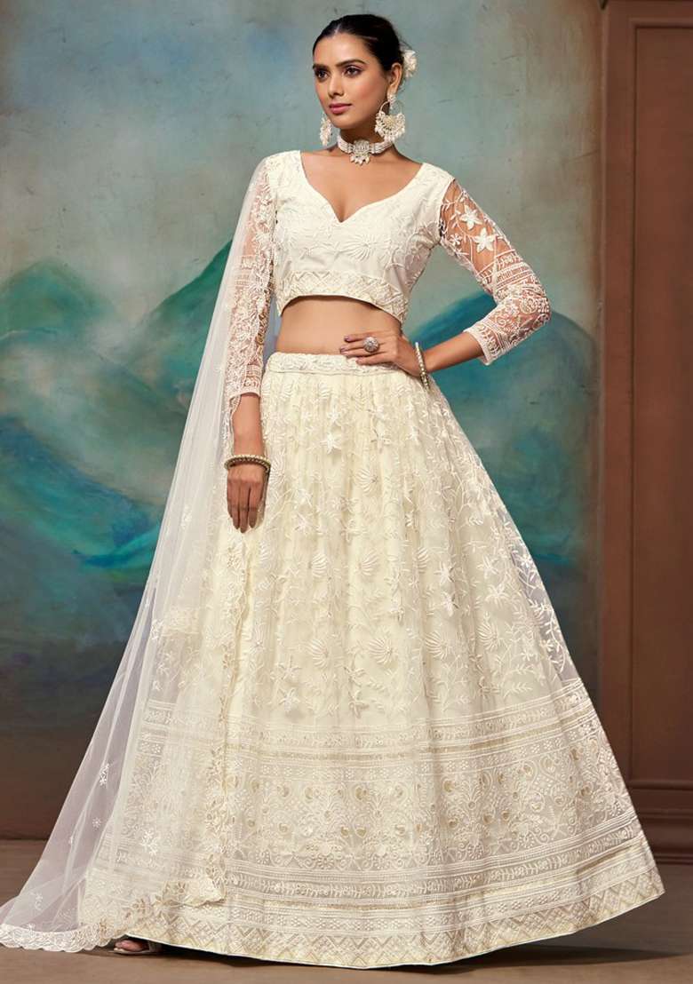 White Embroidered Blended Lehenga Set for Diwali and Festive Wear - Indya
