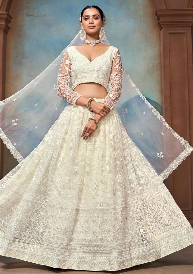 White Embroidered Blended Lehenga Set for Diwali and Festive Wear - Indya