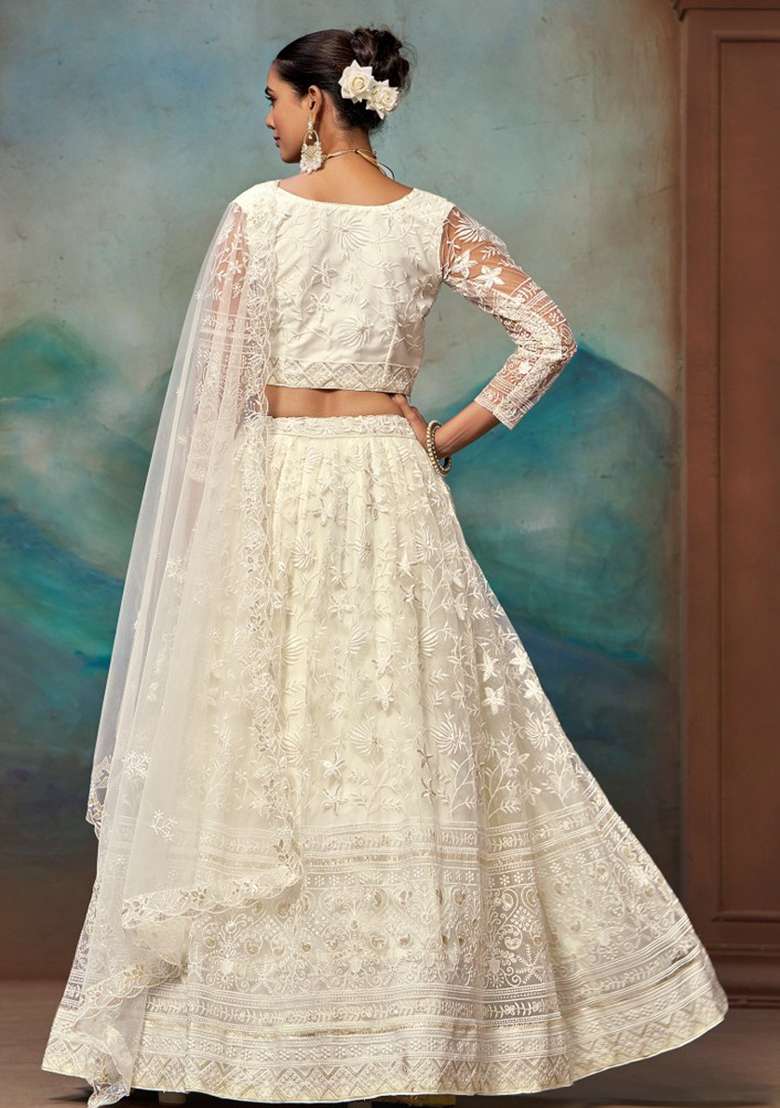 White Embroidered Blended Lehenga Set for Diwali and Festive Wear - Indya