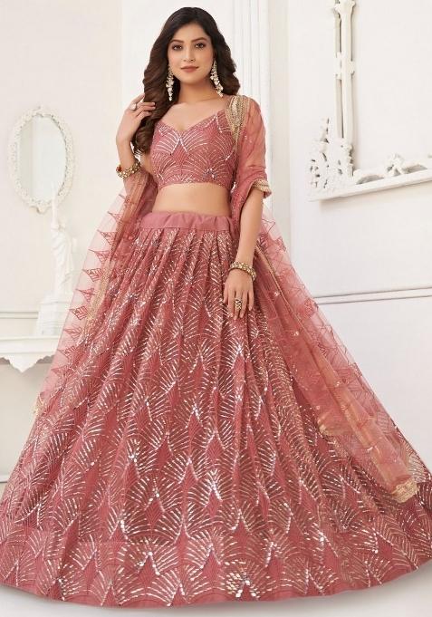 Pink Embroidered Blended Lehenga Set