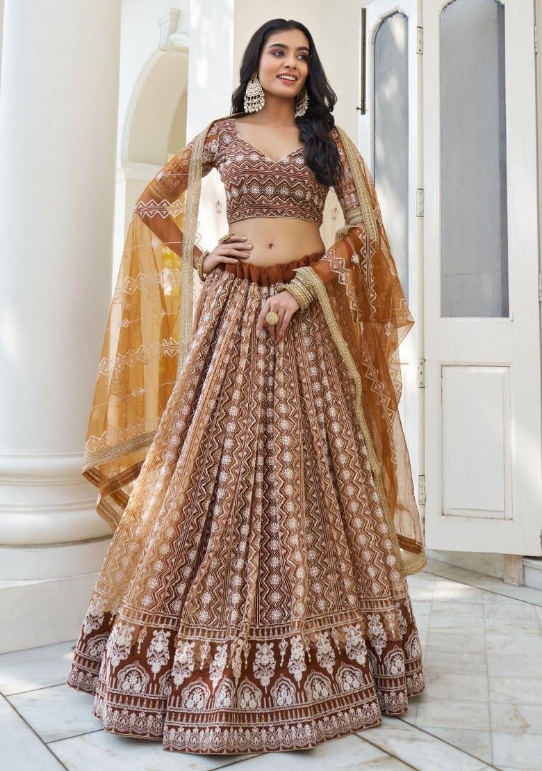 Brown Embroidered Blended Lehenga Set