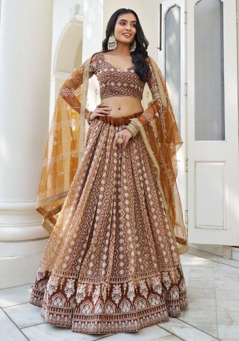 Brown Embroidered Blended Lehenga Set