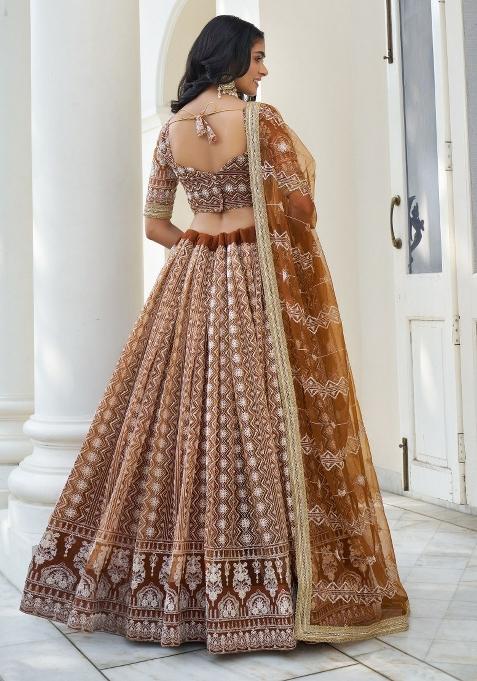 Brown Embroidered Blended Lehenga Set
