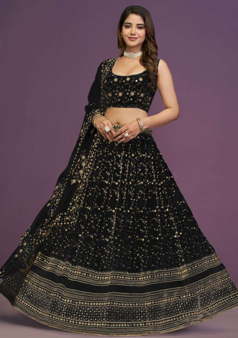 Black Embroidered Blended Lehenga Set for Diwali and Festive Wear - Indya
