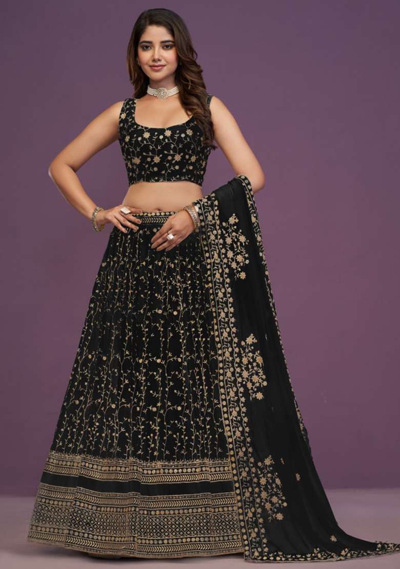 Black Embroidered Blended Lehenga Set for Diwali and Festive Wear - Indya