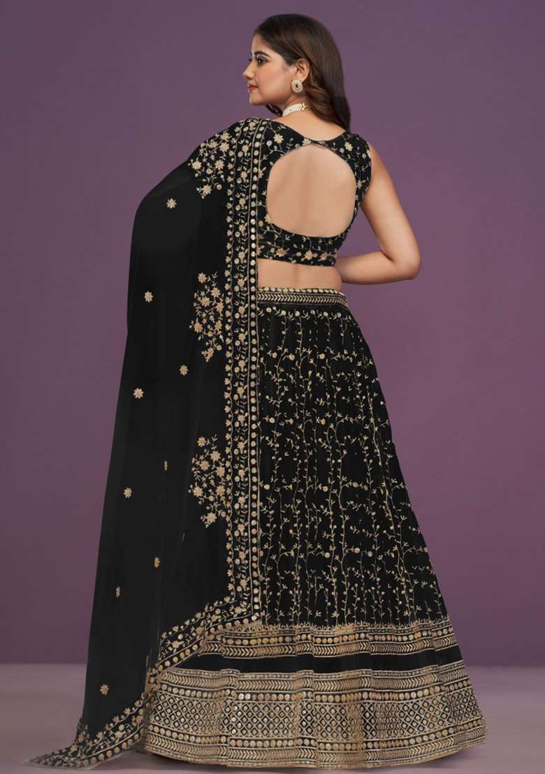 Black Embroidered Blended Lehenga Set for Diwali and Festive Wear - Indya