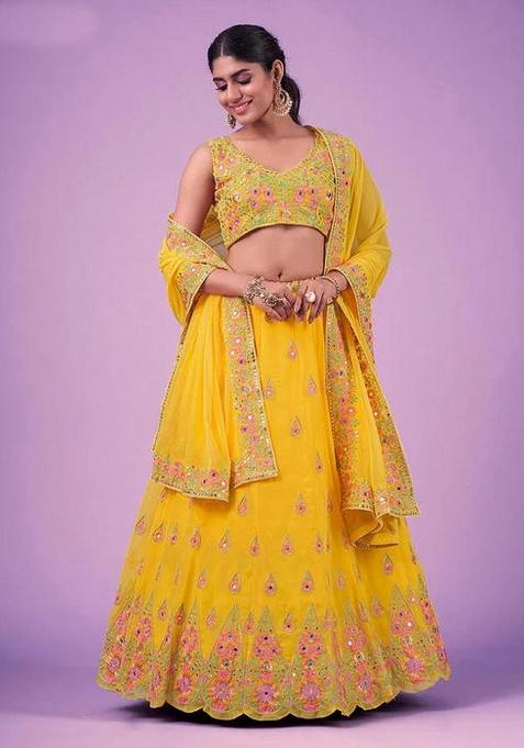 Yellow Embroidered Blended Lehenga Set