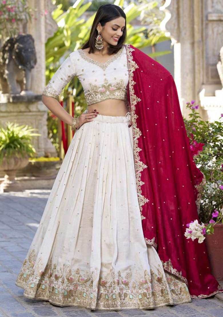 Beige Blended Lehenga Set with Embroidered for Diwali | Wedding & Festive Wear - Indya