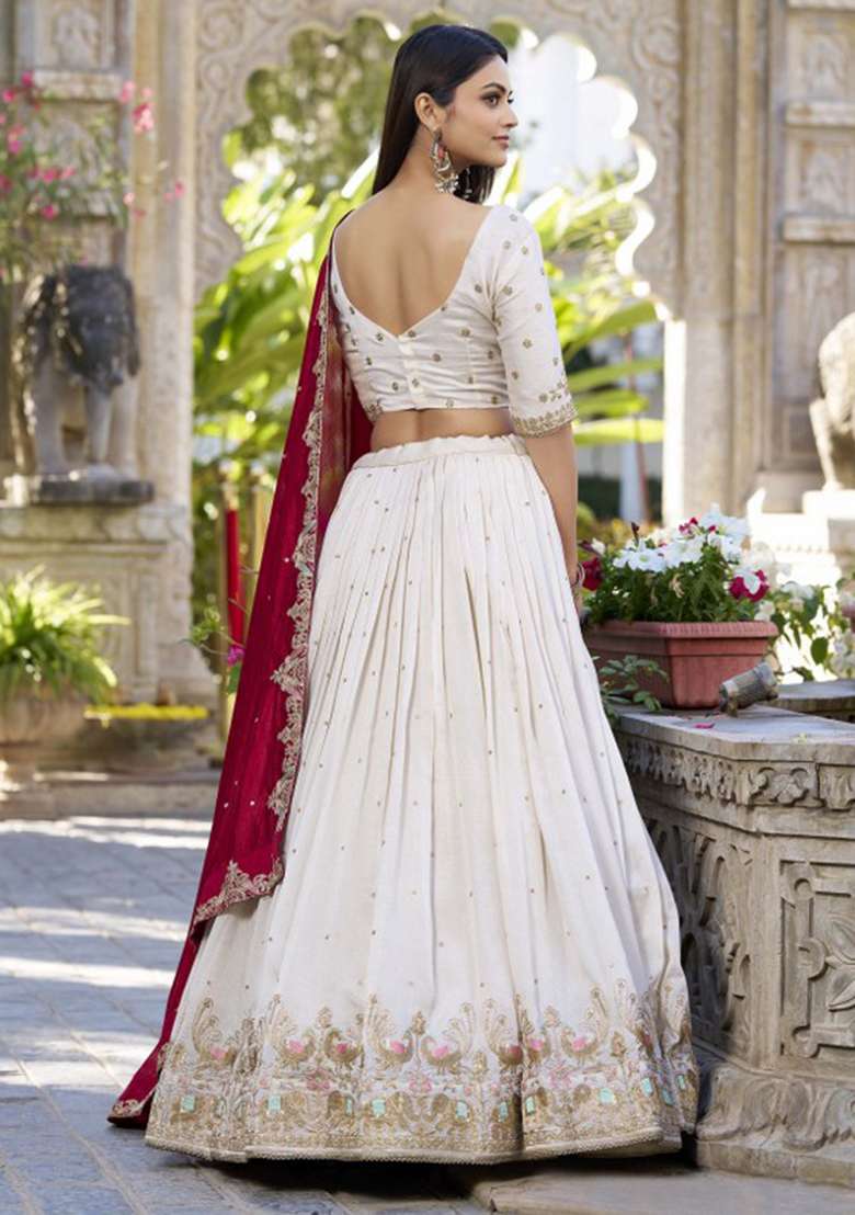 Beige Blended Lehenga Set with Embroidered for Diwali | Wedding & Festive Wear - Indya
