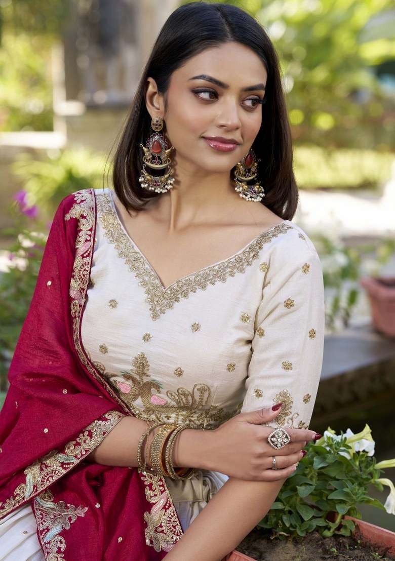 Beige Blended Lehenga Set with Embroidered for Diwali | Wedding & Festive Wear - Indya