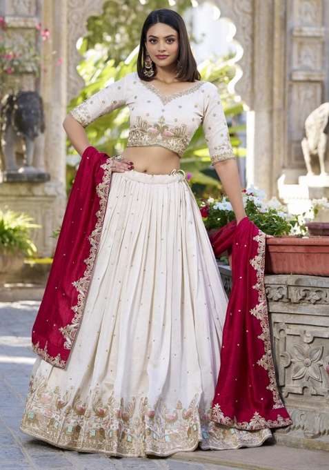 Beige Blended Lehenga Set with Embroidered for Diwali | Wedding & Festive Wear