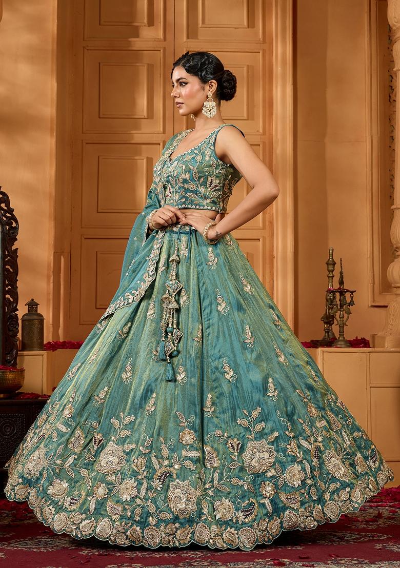 Green Emboridered Tissue Lehenga Choli - Indya