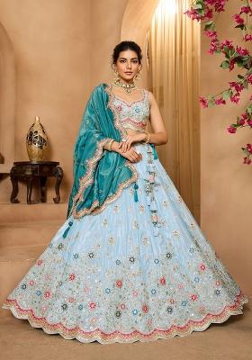 Turquoiseblue Emboridered Tissue Lehenga Choli