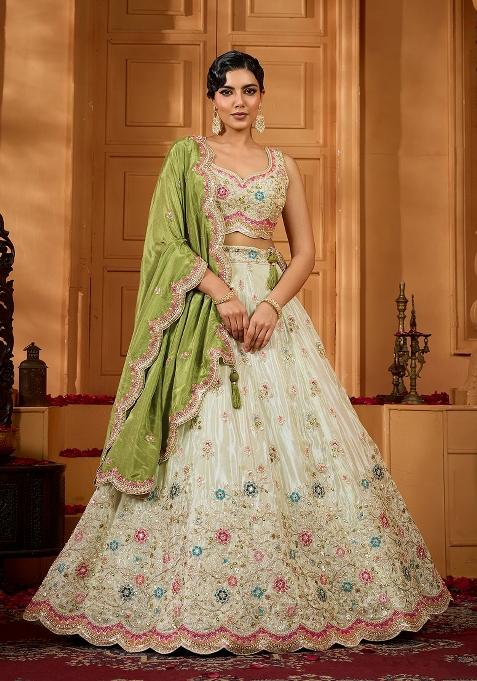 Limegreen Emboridered Tissue Lehenga Choli