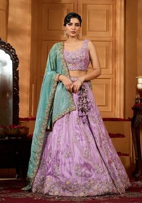 Lavender Emboridered Satin Silk Lehenga Choli