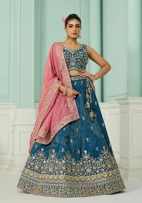Teal Emboridered Cosmos Silk Lehenga Choli