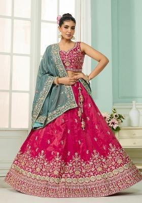 Pink Emboridered Cosmos Silk Lehenga Choli