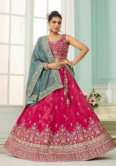 Pink Emboridered Cosmos Silk Lehenga Choli