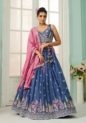 Blue Emboridered Vichitra Silk Lehenga Choli