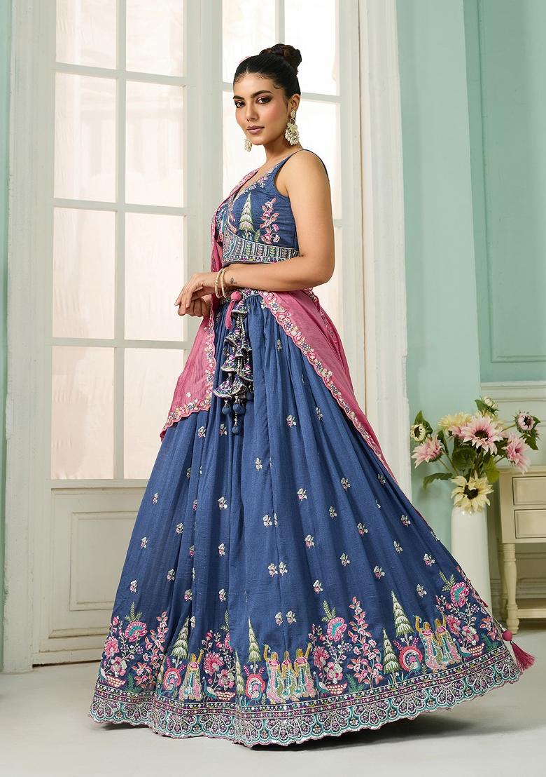 Blue Emboridered Vichitra Silk Lehenga Choli - Indya