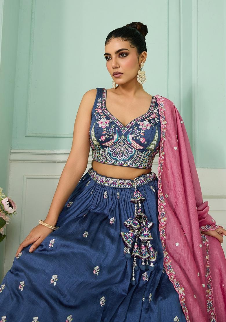 Blue Emboridered Vichitra Silk Lehenga Choli - Indya