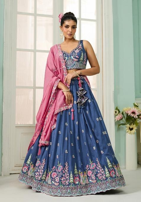 Blue Emboridered Vichitra Silk Lehenga Choli
