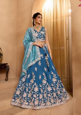 Teal Emboridered Silk Lehenga Choli